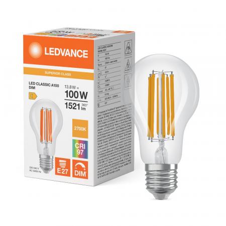 Ledvance E27 LED Lampe Classic dimmbar klar 13,8W wie 100W 2700K warmweißes Licht CRI97 sehr hohe Farbwiedergabe